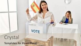  Presentation with spanish - Slide set having young-spanish-voter-woman-smiling background and a soft green colored foreground