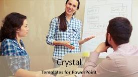  Presentation with speaker - Beautiful slide deck featuring young speaker standing near white board and explaining something to her colleagues in office backdrop and a soft green colored foreground