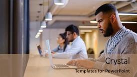  Presentation with coworking - Slide set having young specialists in coworking office background and a coral colored foreground