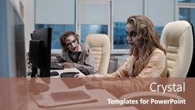  Presentation with spooky - Audience pleasing theme consisting of young-spooky-zombie-businesswoman-sitting backdrop and a violet colored foreground