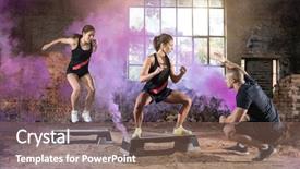  Presentation with hangar - Cool new PPT theme with young sport people jump backdrop and a violet colored foreground