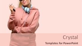  Presentation with wow - Beautiful PPT theme featuring young sport woman with headphones and sunglasses happy and surprised cheering expressing wow gesture backdrop and a lemonade colored foreground