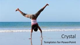  Presentation with gymnastics - Presentation enhanced with young sportive african-american woman doing gymnastics on the beach background and a light blue colored foreground