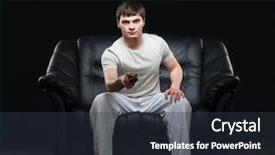  Presentation with broadcast - Amazing presentation theme having young sports fan watching football broadcast sitting on sofa backdrop and a tawny brown colored foreground