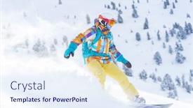  Presentation with winter sports - Audience pleasing PPT theme consisting of young sports girl in helmet and mask is riding on snowboard on snowy slope at winter day backdrop and a sky blue colored foreground