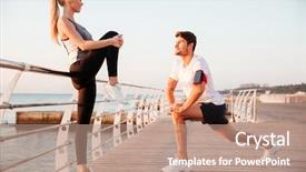  Presentation with stretching - Theme with young sports man and woman stretching legs at sunrise at pier background and a coral colored foreground