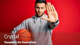  Presentation with ball sports - Colorful slide set enhanced with young-sports-man-holding-basketball backdrop and a tawny brown colored foreground