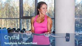  Presentation with barbell - Slide set having young sports woman doing exercises with barbell in the gym fitness background and a ocean colored foreground