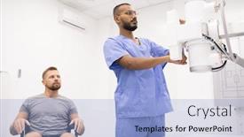  Presentation with medical equipment - Amazing presentation design having young sportsman with sick leg sitting on wheelchair while looking at his doctor testing new medical equipment backdrop and a light blue colored foreground