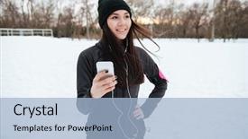  Presentation with forest winter - Slide deck with young sportswoman listening to music background and a light blue colored foreground