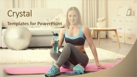  Presentation with water bottle - Theme with young sportswoman sitting with dumbbells and bottle of water on a mat at home background and a lemonade colored foreground