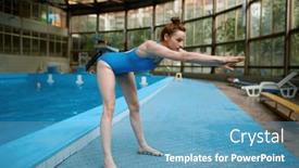  Presentation with swimming pool - PPT theme enhanced with young-sportswoman-stretching-back-warming background and a teal colored foreground