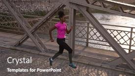  Presentation with morning sunrise - PPT theme having young sporty african american woman running on sidewalk across the bridge at early morning jogging with city sunrise scene in background background and a dark gray colored foreground