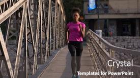  Presentation with morning sunrise - Audience pleasing slides consisting of young sporty african american woman running on sidewalk across the bridge at early morning jogging with city sunrise scene in background backdrop and a dark gray colored foreground
