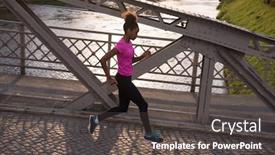  Presentation with morning sunrise - Cool new presentation theme with young sporty african american woman running on sidewalk across the bridge at early morning jogging with city sunrise scene in background backdrop and a dark gray colored foreground