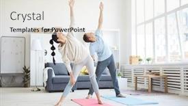  Presentation with living room - Beautiful theme featuring young sporty couple in activewear raising their left arms while exercising in living-room at home backdrop and a sky blue colored foreground