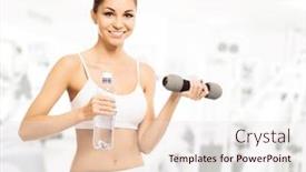  Presentation with bottle water - Colorful presentation design enhanced with young sporty fit and beautiful girl with the dumbbell and the bottle of water in the gym backdrop and a sky blue colored foreground