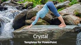  Presentation with waterfall woman - Theme featuring young sporty fit woman doing yoga asana adho mukha svanasana - downward facing dog - at tropical waterfall background and a dark gray colored foreground