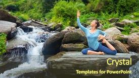  Presentation with waterfall woman - Audience pleasing slide deck consisting of young sporty fit woman doing yoga asana eka pada rajakapotasana - one-legged king pigeon pose at tropical waterfall himachal pradesh india backdrop and a tawny brown colored foreground
