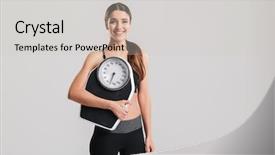  Presentation with happy young student girl holding - Audience pleasing PPT layouts consisting of young sporty girl holding scale backdrop and a light gray colored foreground
