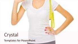  Presentation with measurement - Colorful presentation design enhanced with young sporty girl with apple and measurement tape isolated backdrop and a sky blue colored foreground