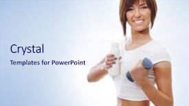  Presentation with water bottle - Beautiful presentation design featuring young sporty girl with dumbbell and the bottle of water over the blue background backdrop and a sky blue colored foreground