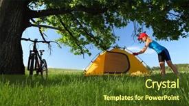  Presentation with oak - Cool new slides with young sporty lady setting up a tent in a meadow under big oak's brunch backdrop and a tawny brown colored foreground