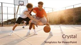  Presentation with group - Colorful PPT theme enhanced with young sporty multiethnic men basketball backdrop and a lemonade colored foreground