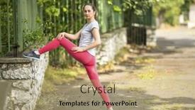 Presentation with ethnicity - Presentation theme with young sporty woman doing exercise stretching and warm-up before jogging in park in sunshine on beautiful summer day sport fitness model caucasian ethnicity training outdoors workout in a park background and a coral colored foreground