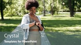  Presentation with smartwatch - Colorful PPT theme enhanced with young-sporty-woman-looking backdrop and a  colored foreground