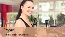  Presentation with running treadmill - Audience pleasing theme consisting of young sporty woman running on treadmill in gym close up backdrop and a coral colored foreground