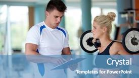  Presentation with exercise trainer - Audience pleasing presentation consisting of young sporty woman with trainer backdrop and a teal colored foreground