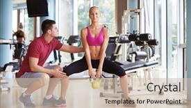  Presentation with exercise trainer - Amazing presentation design having young sporty woman with trainer exercise weights lifting in fitness gym backdrop and a soft green colored foreground