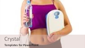  Presentation with bottle water - Presentation theme consisting of young sporty woman with water bottle and scales isolated background and a soft green colored foreground