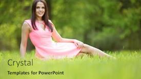  Presentation with summer trees - Colorful presentation enhanced with young spring fashion woman sitting on the grass trendy girl in the flowering trees in the spring summer garden springtime or summertime lady in spring summer landscape background backdrop and a yellow colored foreground