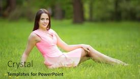  Presentation with summer trees - Colorful PPT theme enhanced with young spring fashion woman sitting on the grass trendy girl in the flowering trees in the spring summer garden springtime or summertime lady in spring summer landscape background backdrop and a yellow colored foreground