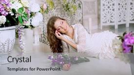  Presentation with pollen - Presentation theme having young spring fashion woman in spring lux vintage interior springtime trendy girl on a luxury spring background allergic to pollen of flowers spring allergy background and a light gray colored foreground