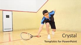  Presentation with court - Theme consisting of young squash player hiting background and a blonde colored foreground