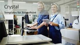  Presentation with staff - Audience pleasing presentation theme consisting of young staff of graphic printing backdrop and a light gray colored foreground