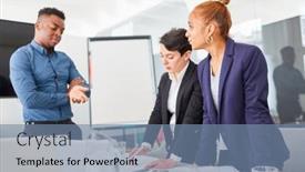  Presentation with project - Slide set with young-start-up-business-people background and a seafoam green colored foreground