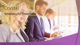  Presentation with team - PPT layouts featuring young-start-up-business-team background and a coral colored foreground