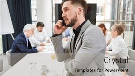  Presentation with phone meeting - Slide deck enhanced with young-start-up-founder background and a light gray colored foreground