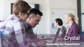  Presentation with business group meeting - Amazing PPT theme having young startup business people couple working on laptop computer businesspeople group on meeting in background at office interior backdrop and a dark gray colored foreground