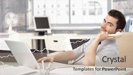  Presentation with stock broker - PPT theme enhanced with young stock broker working background and a mint green colored foreground