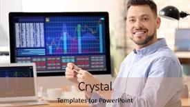  Presentation with stock exchange - Presentation theme consisting of young stock exchange trader working background and a coral colored foreground