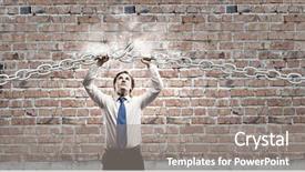  Presentation with strong - Theme having young strong businessman tearing metal background and a gray colored foreground