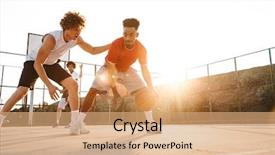 Presentation with strong - Beautiful presentation theme featuring young strong multiethnic men basketball backdrop and a coral colored foreground