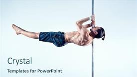  Presentation with pole - Colorful PPT theme enhanced with young strong pole dancing man on blue and white background backdrop and a cool aqua colored foreground