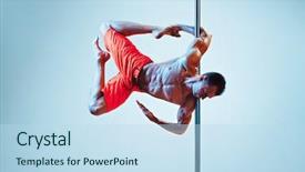  Presentation with pole - Amazing theme having young strong pole dancing man on wall background backdrop and a sky blue colored foreground