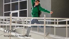  Presentation with university building - Beautiful presentation theme featuring young student against a university building backdrop and a light gray colored foreground